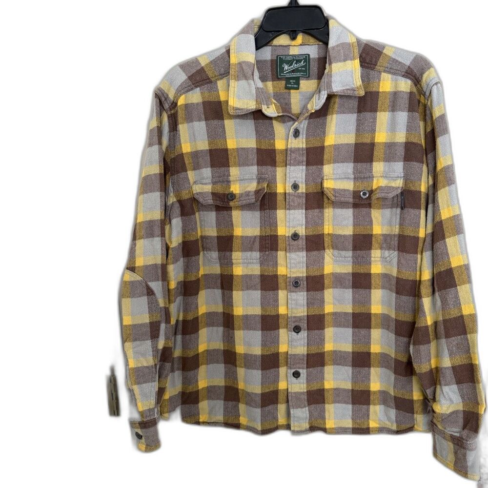 Woolrich Men's XL Flannel‎ Shirt Yellow Brown Plaid Elbow Patches Heavyweight